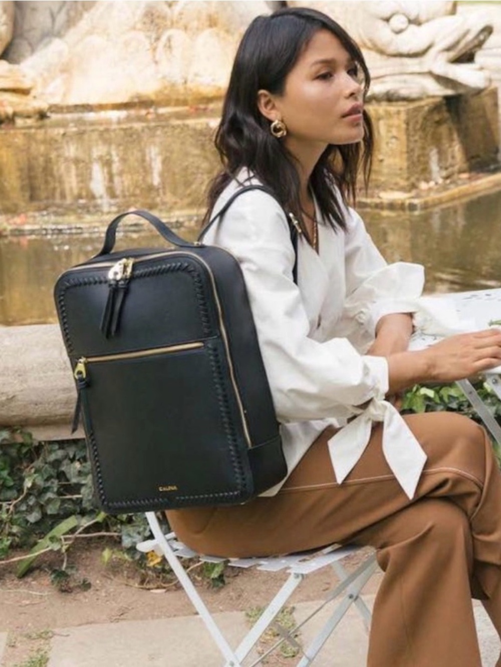 Calpak Black Leather Backpack with Gold Hardware